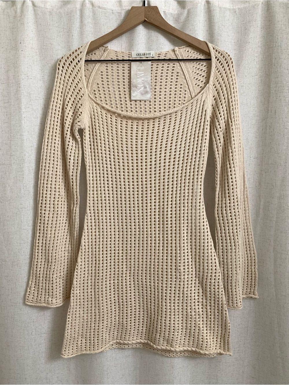 Cellecci Boutique Cotton Cream Open-Knit Long Sleeve Swim Coverup Large